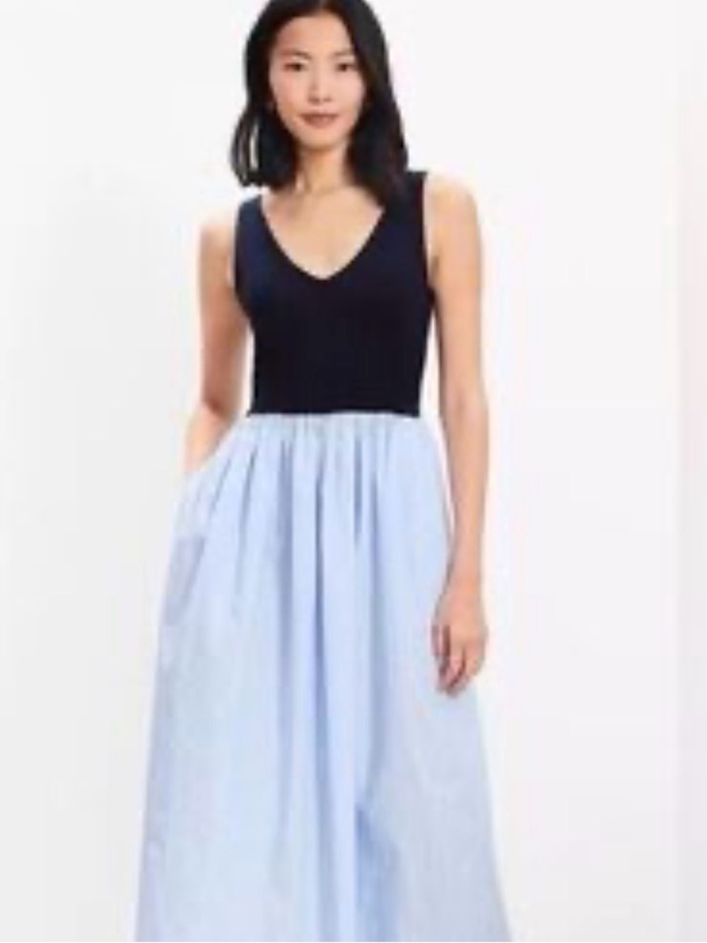 EUC- LOFT Striped Mixed-Media Midi blue Dress- size 6